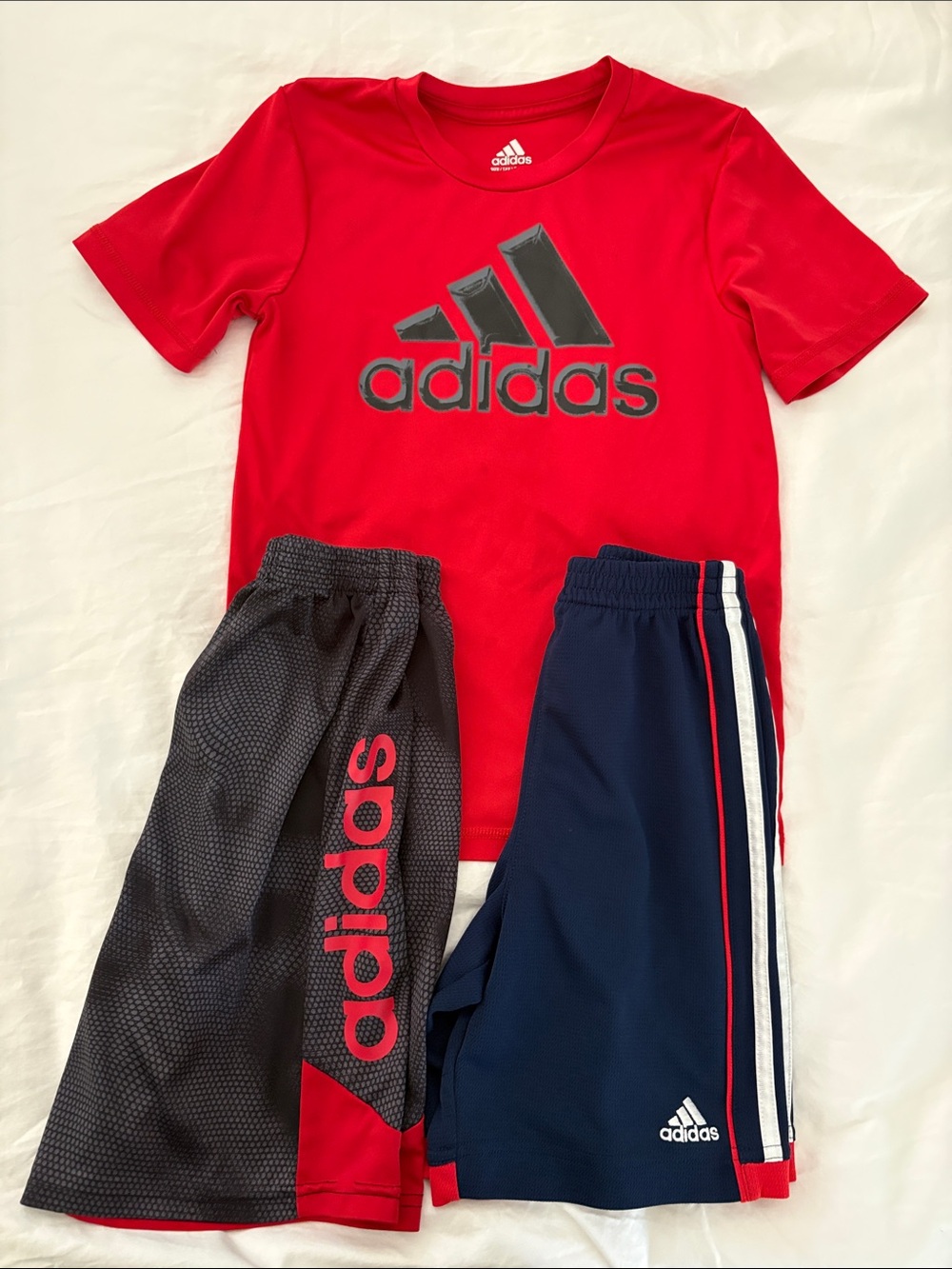 Bundle: adidas Red Tee with 2 Pairs of Athletic Shorts all Size 7